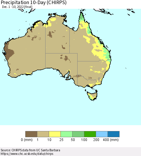 Australia Precipitation 10-Day (CHIRPS) Thematic Map For 12/1/2022 - 12/10/2022