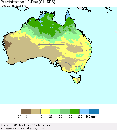 Australia Precipitation 10-Day (CHIRPS) Thematic Map For 12/21/2022 - 12/31/2022