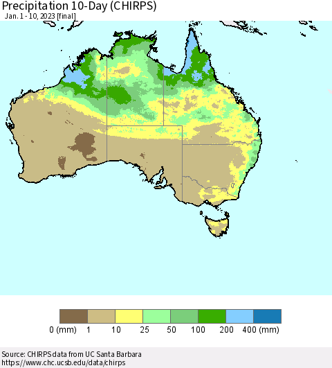 Australia Precipitation 10-Day (CHIRPS) Thematic Map For 1/1/2023 - 1/10/2023