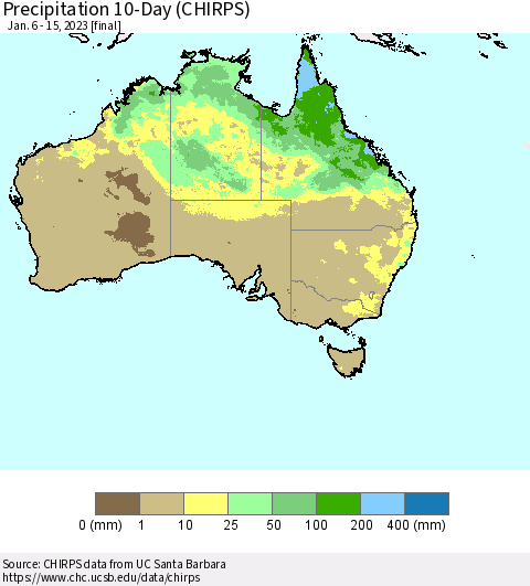 Australia Precipitation 10-Day (CHIRPS) Thematic Map For 1/6/2023 - 1/15/2023