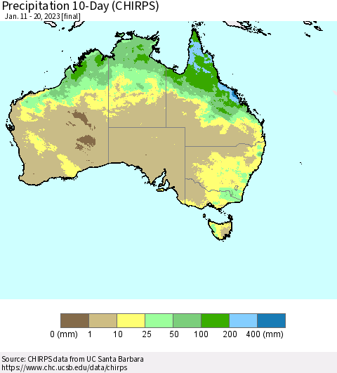 Australia Precipitation 10-Day (CHIRPS) Thematic Map For 1/11/2023 - 1/20/2023