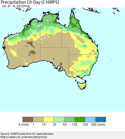 Australia Precipitation 10-Day (CHIRPS) Thematic Map For 1/16/2023 - 1/25/2023