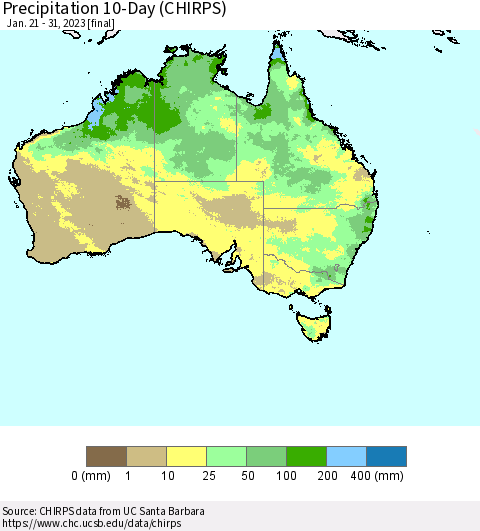 Australia Precipitation 10-Day (CHIRPS) Thematic Map For 1/21/2023 - 1/31/2023
