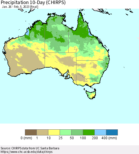 Australia Precipitation 10-Day (CHIRPS) Thematic Map For 1/26/2023 - 2/5/2023