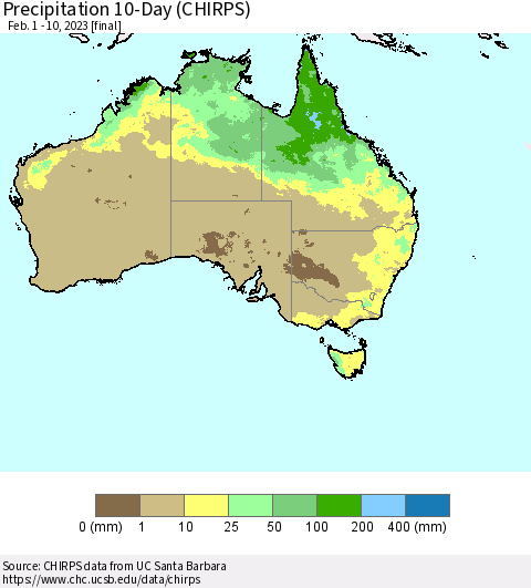 Australia Precipitation 10-Day (CHIRPS) Thematic Map For 2/1/2023 - 2/10/2023