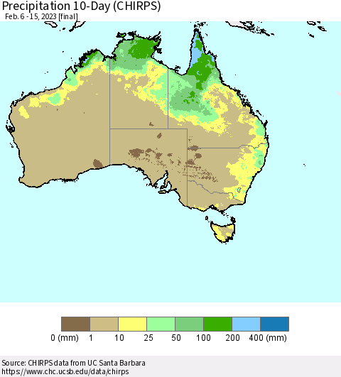 Australia Precipitation 10-Day (CHIRPS) Thematic Map For 2/6/2023 - 2/15/2023