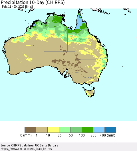 Australia Precipitation 10-Day (CHIRPS) Thematic Map For 2/11/2023 - 2/20/2023