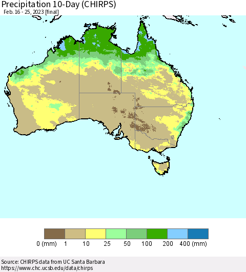 Australia Precipitation 10-Day (CHIRPS) Thematic Map For 2/16/2023 - 2/25/2023