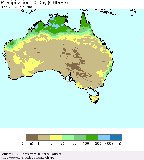 Australia Precipitation 10-Day (CHIRPS) Thematic Map For 2/21/2023 - 2/28/2023