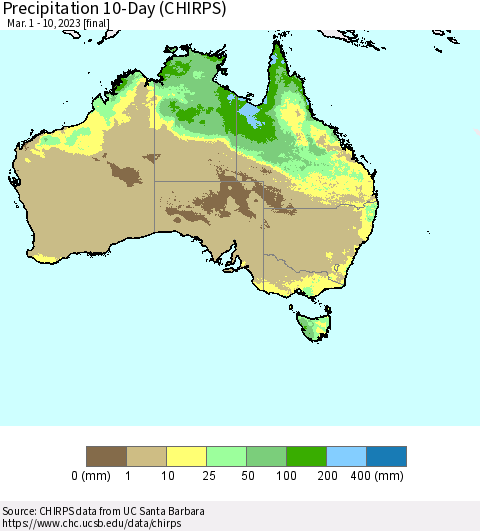 Australia Precipitation 10-Day (CHIRPS) Thematic Map For 3/1/2023 - 3/10/2023