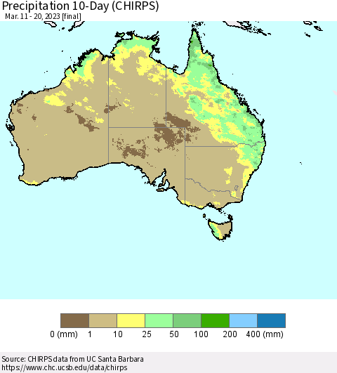 Australia Precipitation 10-Day (CHIRPS) Thematic Map For 3/11/2023 - 3/20/2023