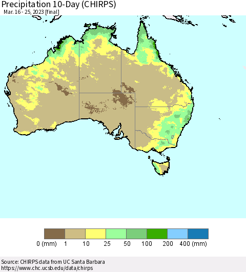 Australia Precipitation 10-Day (CHIRPS) Thematic Map For 3/16/2023 - 3/25/2023