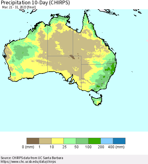 Australia Precipitation 10-Day (CHIRPS) Thematic Map For 3/21/2023 - 3/31/2023