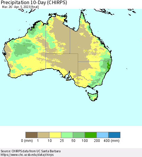 Australia Precipitation 10-Day (CHIRPS) Thematic Map For 3/26/2023 - 4/5/2023