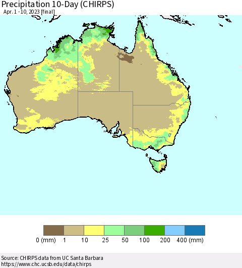 Australia Precipitation 10-Day (CHIRPS) Thematic Map For 4/1/2023 - 4/10/2023