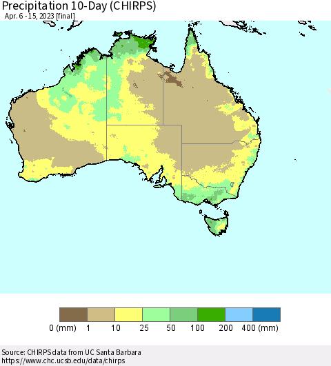 Australia Precipitation 10-Day (CHIRPS) Thematic Map For 4/6/2023 - 4/15/2023