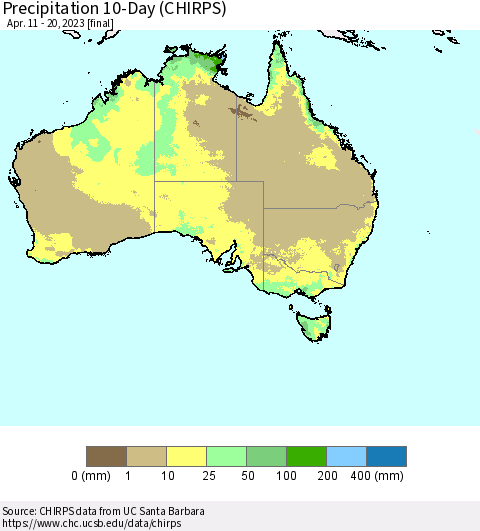 Australia Precipitation 10-Day (CHIRPS) Thematic Map For 4/11/2023 - 4/20/2023