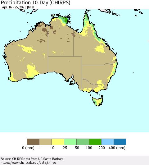 Australia Precipitation 10-Day (CHIRPS) Thematic Map For 4/16/2023 - 4/25/2023