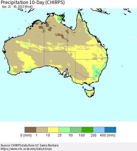 Australia Precipitation 10-Day (CHIRPS) Thematic Map For 4/21/2023 - 4/30/2023