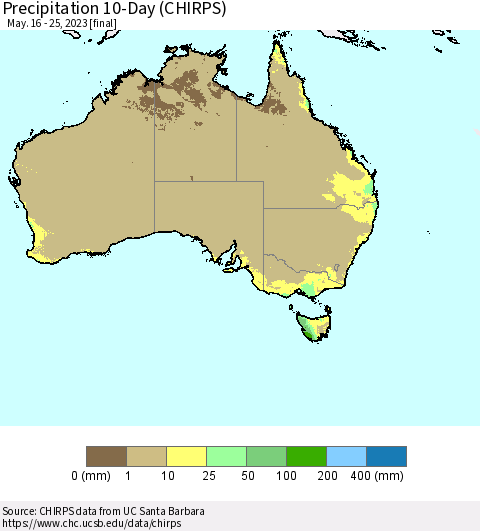 Australia Precipitation 10-Day (CHIRPS) Thematic Map For 5/16/2023 - 5/25/2023