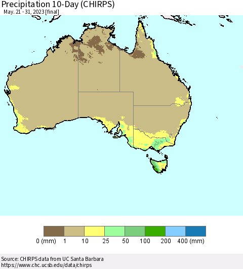 Australia Precipitation 10-Day (CHIRPS) Thematic Map For 5/21/2023 - 5/31/2023