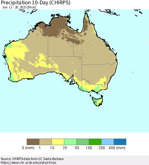 Australia Precipitation 10-Day (CHIRPS) Thematic Map For 6/11/2023 - 6/20/2023