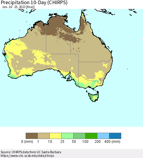 Australia Precipitation 10-Day (CHIRPS) Thematic Map For 6/16/2023 - 6/25/2023