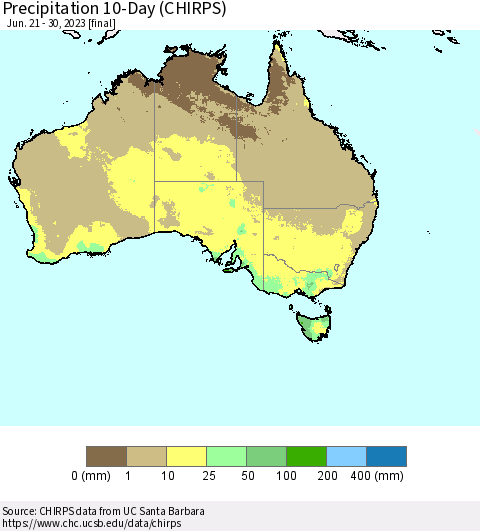 Australia Precipitation 10-Day (CHIRPS) Thematic Map For 6/21/2023 - 6/30/2023