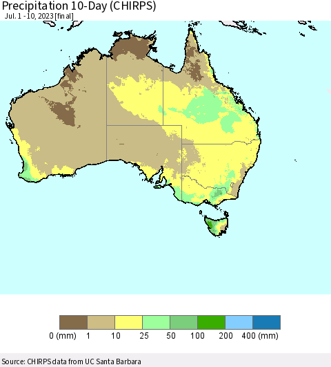 Australia Precipitation 10-Day (CHIRPS) Thematic Map For 7/1/2023 - 7/10/2023