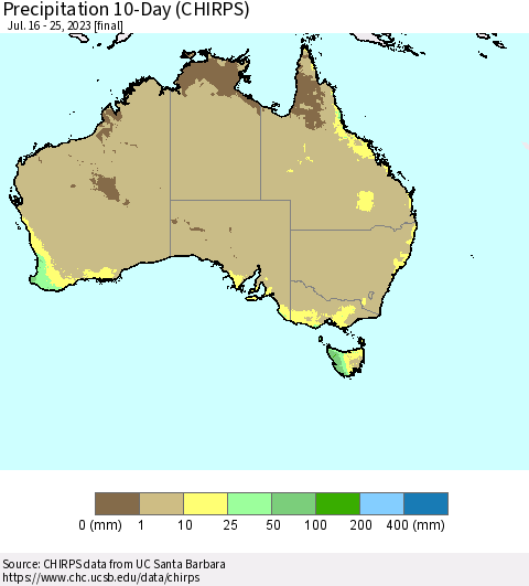 Australia Precipitation 10-Day (CHIRPS) Thematic Map For 7/16/2023 - 7/25/2023