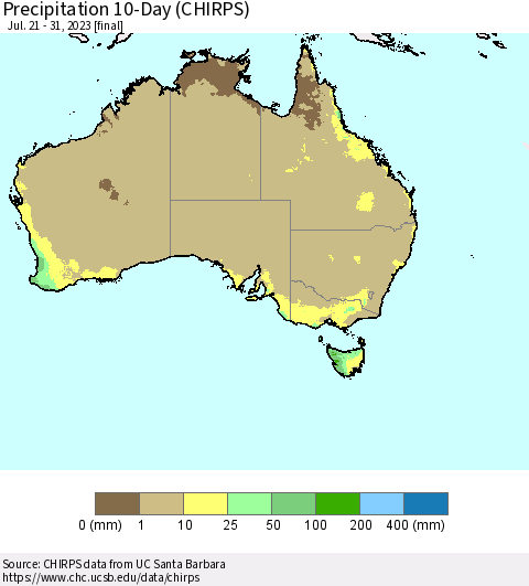 Australia Precipitation 10-Day (CHIRPS) Thematic Map For 7/21/2023 - 7/31/2023