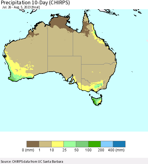 Australia Precipitation 10-Day (CHIRPS) Thematic Map For 7/26/2023 - 8/5/2023
