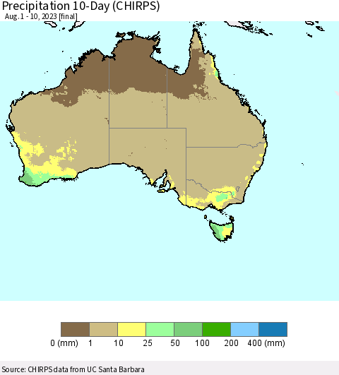 Australia Precipitation 10-Day (CHIRPS) Thematic Map For 8/1/2023 - 8/10/2023