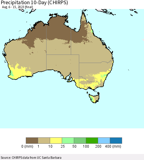 Australia Precipitation 10-Day (CHIRPS) Thematic Map For 8/6/2023 - 8/15/2023