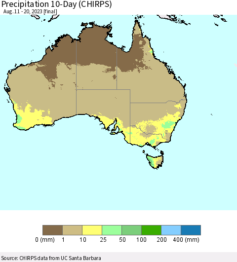Australia Precipitation 10-Day (CHIRPS) Thematic Map For 8/11/2023 - 8/20/2023