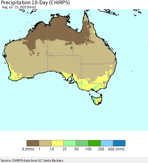 Australia Precipitation 10-Day (CHIRPS) Thematic Map For 8/16/2023 - 8/25/2023