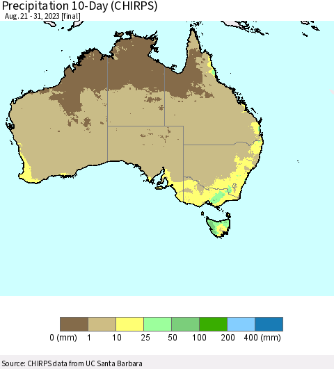 Australia Precipitation 10-Day (CHIRPS) Thematic Map For 8/21/2023 - 8/31/2023