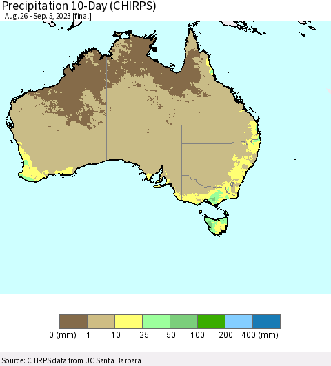 Australia Precipitation 10-Day (CHIRPS) Thematic Map For 8/26/2023 - 9/5/2023