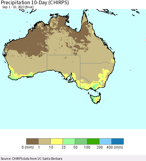 Australia Precipitation 10-Day (CHIRPS) Thematic Map For 9/1/2023 - 9/10/2023