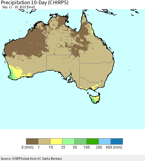 Australia Precipitation 10-Day (CHIRPS) Thematic Map For 9/11/2023 - 9/20/2023