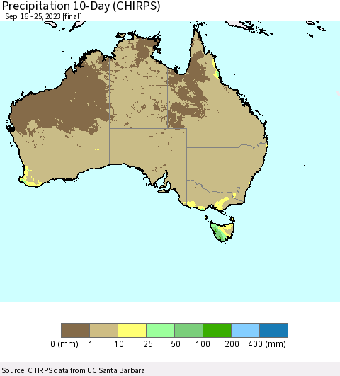 Australia Precipitation 10-Day (CHIRPS) Thematic Map For 9/16/2023 - 9/25/2023