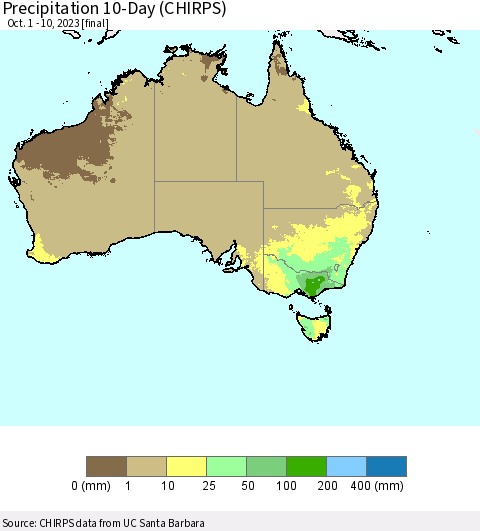 Australia Precipitation 10-Day (CHIRPS) Thematic Map For 10/1/2023 - 10/10/2023