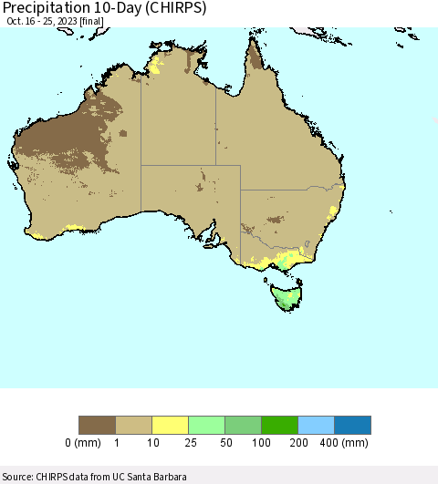 Australia Precipitation 10-Day (CHIRPS) Thematic Map For 10/16/2023 - 10/25/2023