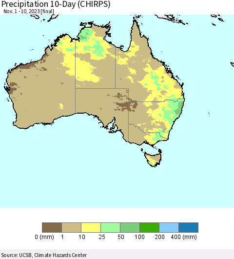 Australia Precipitation 10-Day (CHIRPS) Thematic Map For 11/1/2023 - 11/10/2023
