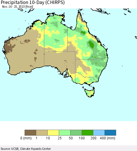 Australia Precipitation 10-Day (CHIRPS) Thematic Map For 11/16/2023 - 11/25/2023
