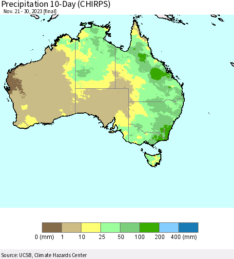 Australia Precipitation 10-Day (CHIRPS) Thematic Map For 11/21/2023 - 11/30/2023