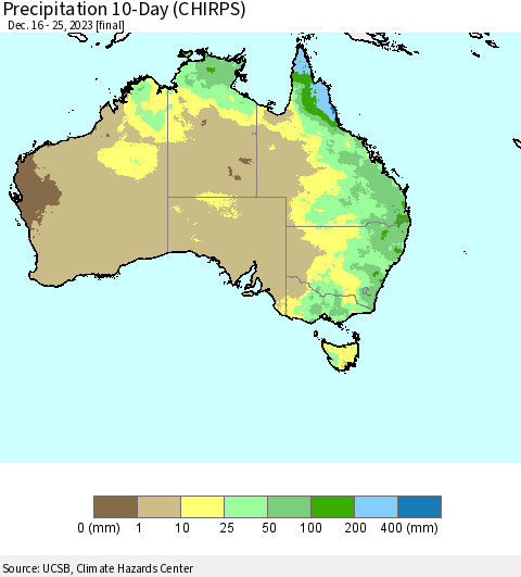 Australia Precipitation 10-Day (CHIRPS) Thematic Map For 12/16/2023 - 12/25/2023