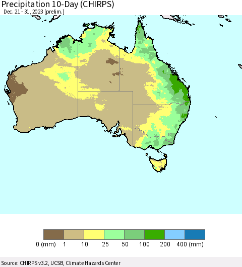 Australia Precipitation 10-Day (CHIRPS) Thematic Map For 12/21/2023 - 12/31/2023