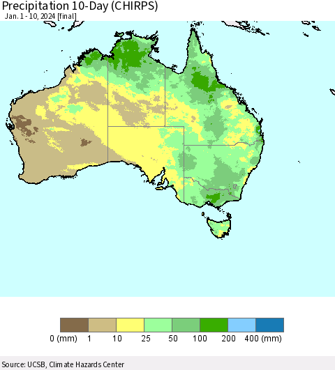 Australia Precipitation 10-Day (CHIRPS) Thematic Map For 1/1/2024 - 1/10/2024