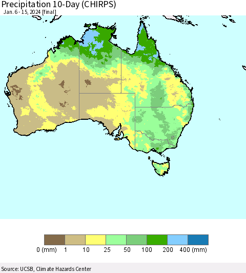 Australia Precipitation 10-Day (CHIRPS) Thematic Map For 1/6/2024 - 1/15/2024